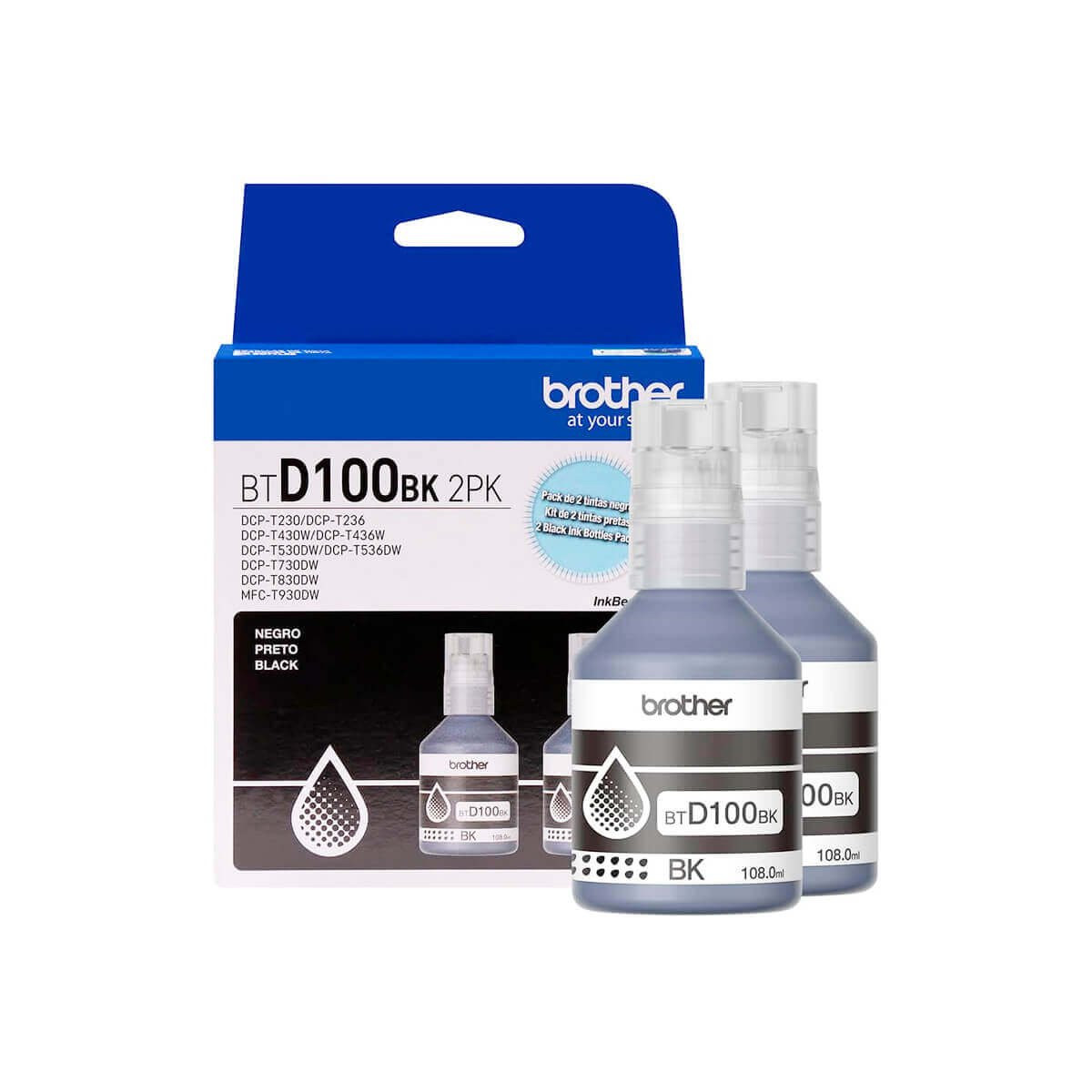 Kit com 2 Garrafas de Tinta Brother BTD1002PK Preto | DCP-T230 DCP-T430W DCP-T530DW | Original 7.5k