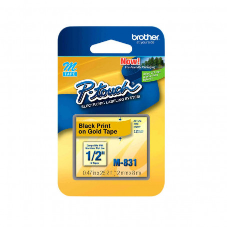 Fita Rotulador Brother 12mm M-831 M831 Preto/Dourado | Original