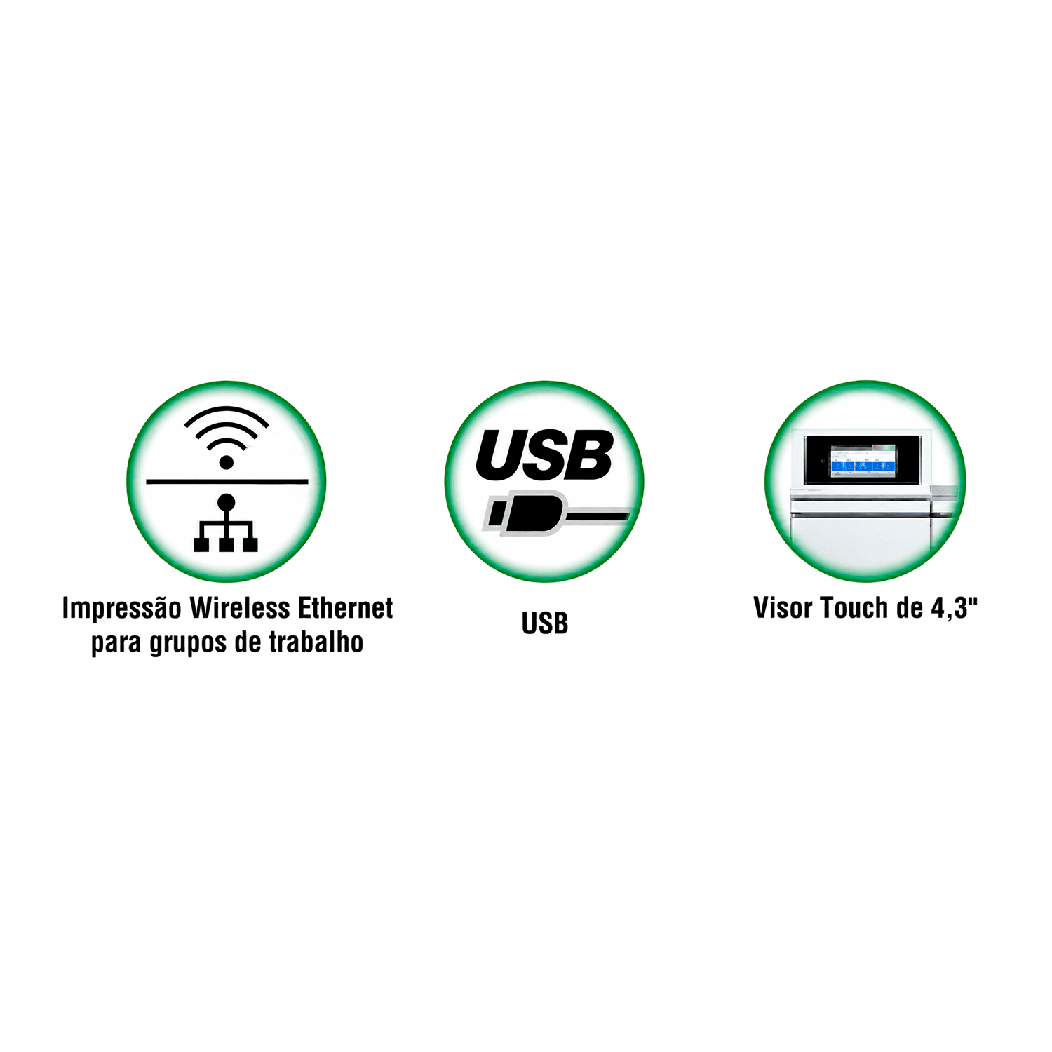 Impressão Wireless, Ethernet, USB e visor touch de 4,3 polegadas